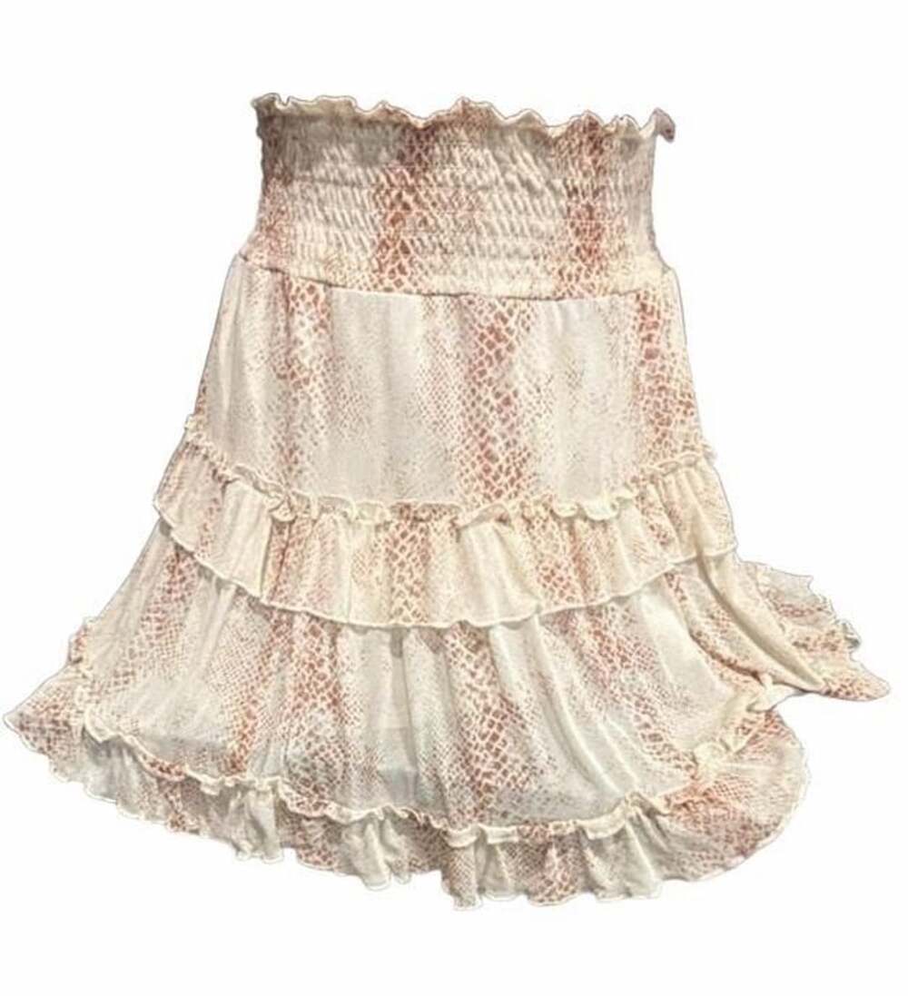 Altar'd State Pink White Snake Animal Print Smoked Tiered Ruffle Mini Skirt